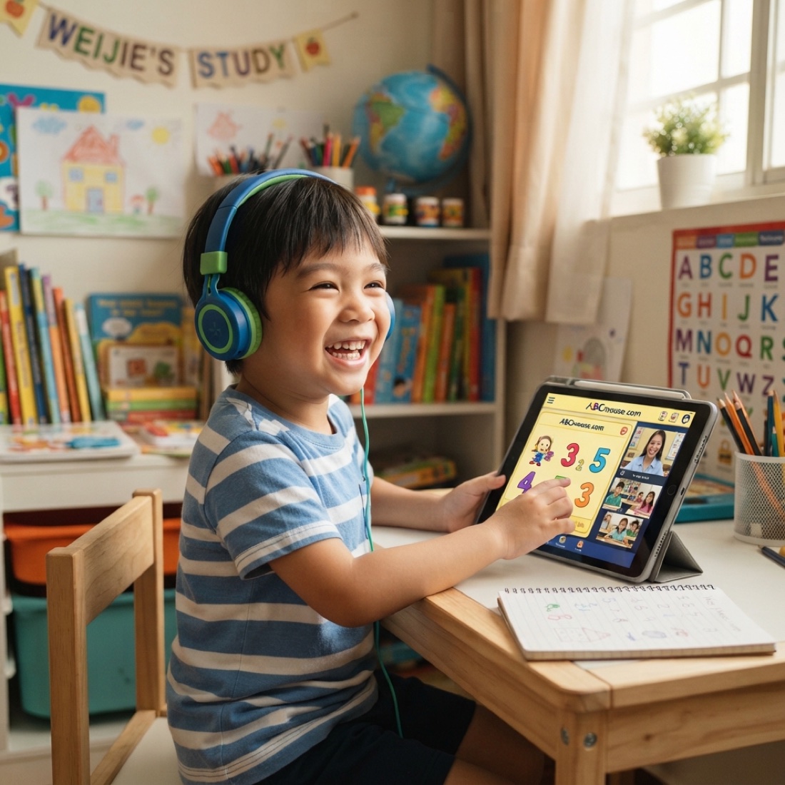 A Malaysian Chinese boy enjoying an online lesson with headphones and a tablet