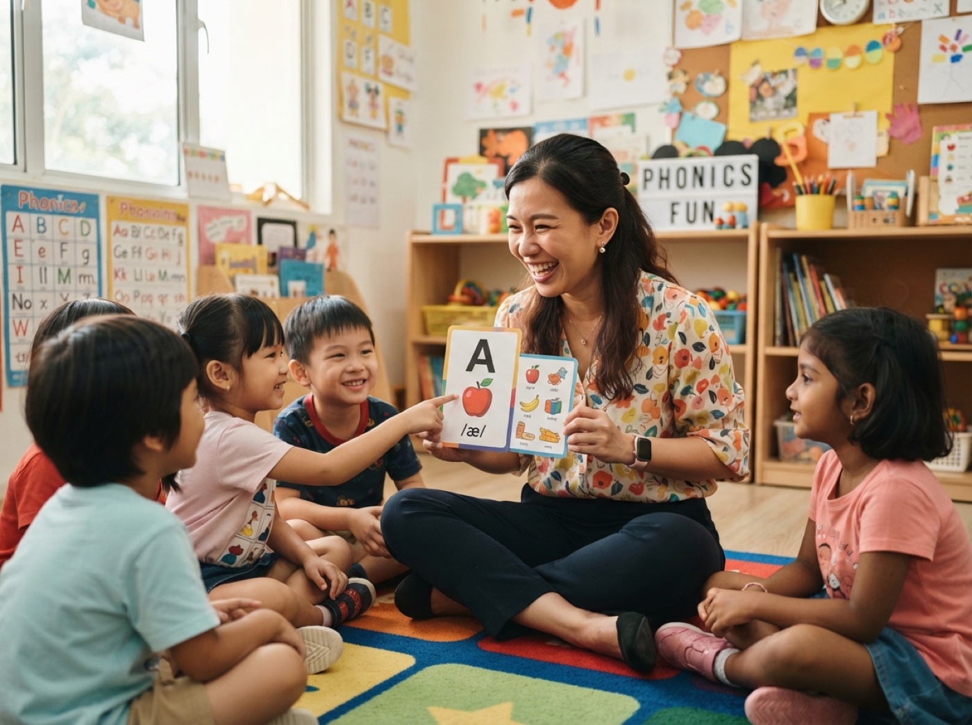 A Malaysian Chinese teacher leading a joyful phonics activity with young children