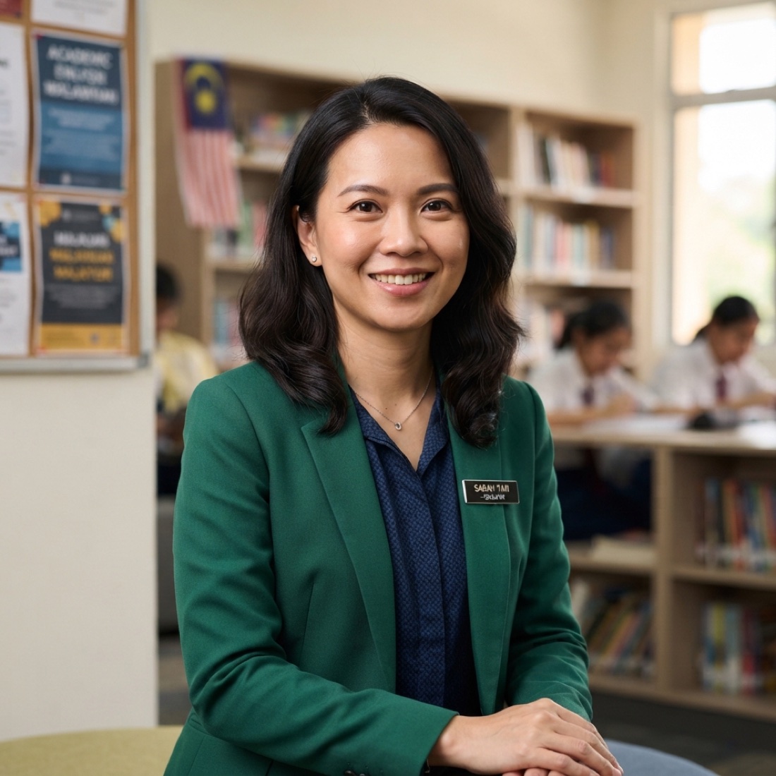A friendly Malaysian Chinese educator in a school setting