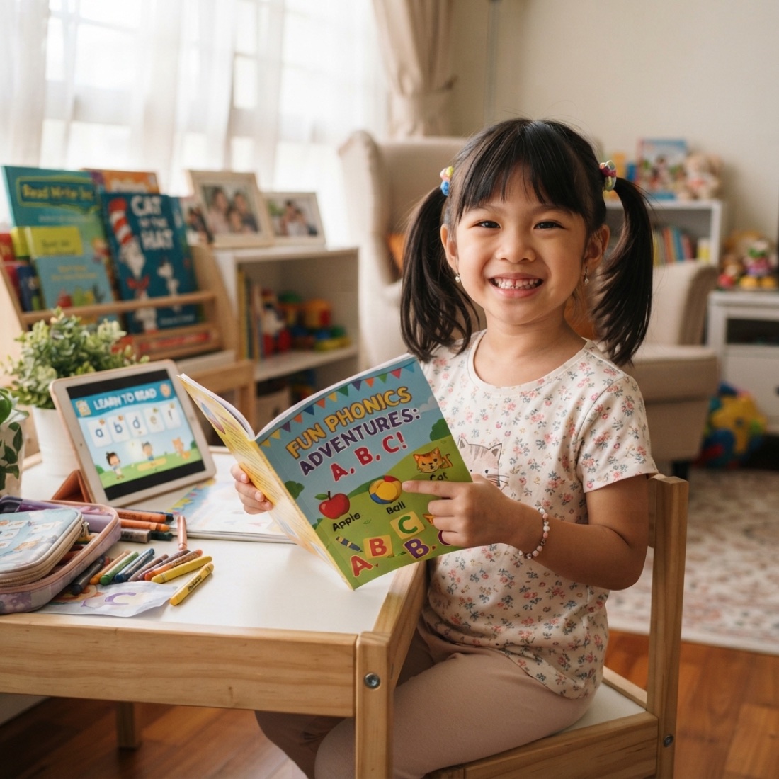 A Malaysian Chinese girl smiling while learning phonics with a book and tablet